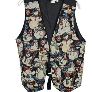 Vtg Womens M Snowman Vest Winter Button-Up Christmas Holiday Festive USA Made